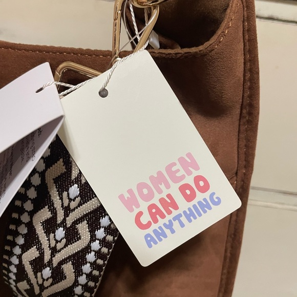 Brown Suede Bag with Patterned Strap - Picture 2 of 5